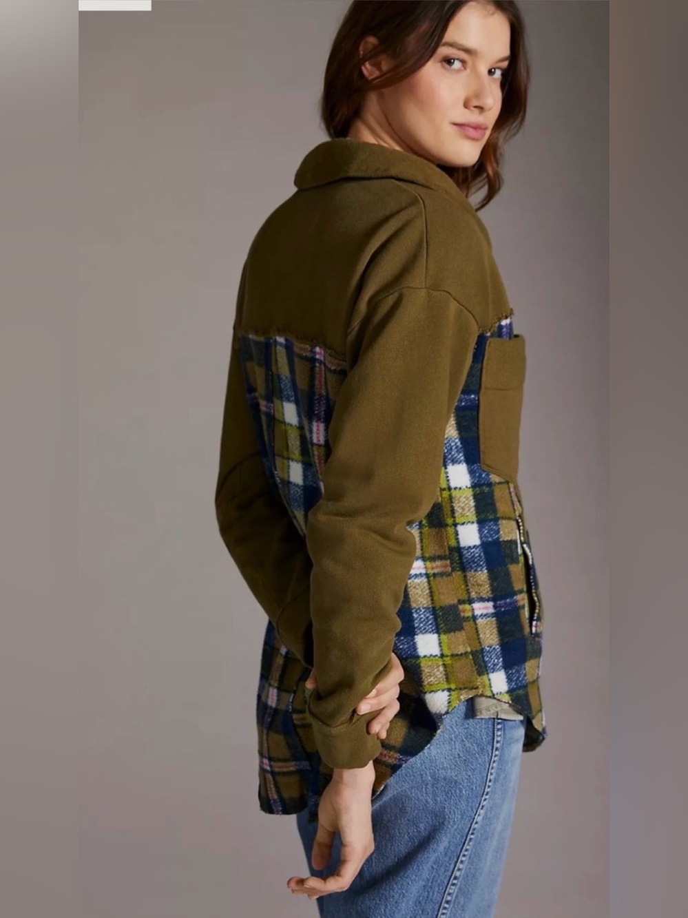 Anthropologie PILCRO Olive plaid snap up shacket size L - Picture 3 of 10